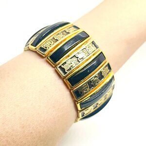 VINTAGE ASIAN INSPIRED BLACK ENAMEL GOLD TONE EXPANDABLE BRACELET CHUNKY WIDE